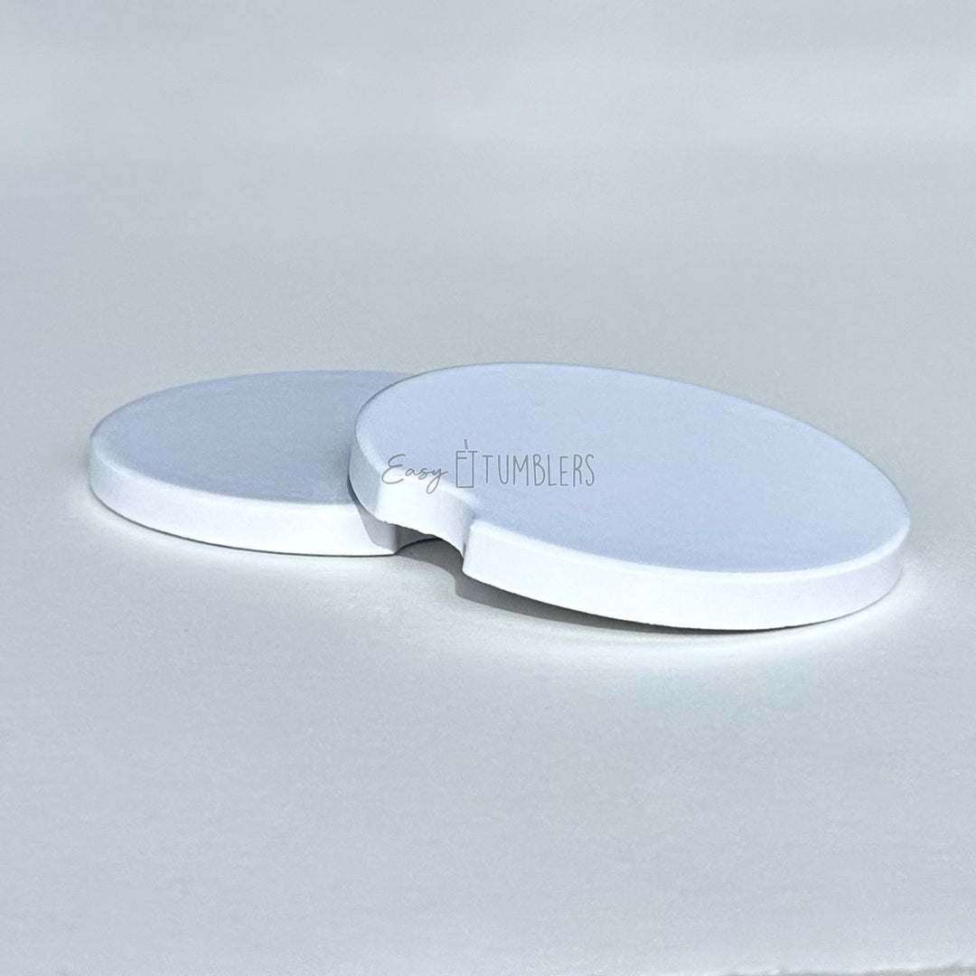 2 Blank White Sublimation Ceramic Car Coasters Mockup